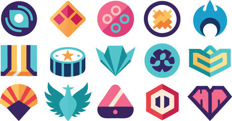 Collection of Fifteen Diverse Geometric Logos and Icons in a Modern, Flat Design Style