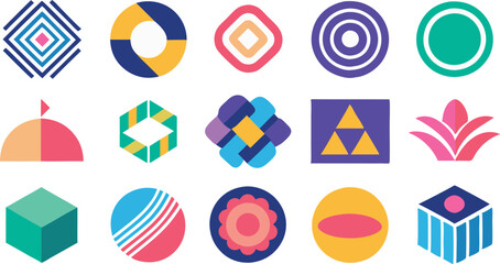 A Vibrant Collection of Geometric Shapes and Abstract Icons on a Clean White Background