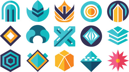 Collection of fifteen abstract colorful geometric logo designs; minimalist icons for business branding.