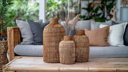 Rattan vases on wood table, sofa background