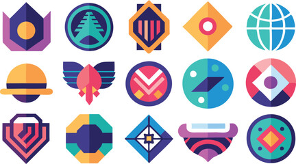 Geometric Icon Collection: Flat Design Logos in Vibrant Colors for Modern Branding Projects.