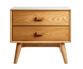 Modern wooden nightstand with two drawers for stylish decor, cut out transparent