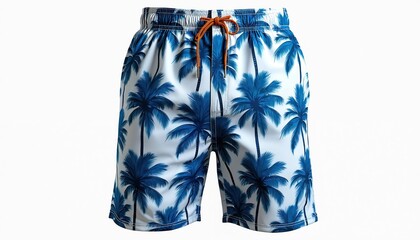 Blue summer bermuda shorts with tropical palm tree pattern isolated on white background. Men garment for beach, vacation. Swimwear, trunks, casual wear. Fashionable clothing, textile design.
