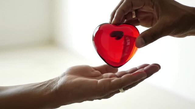 Heart sharing gesture, one hand offering glowing red heart to another representing giving support emotional care and human kindness in touching symbolic action