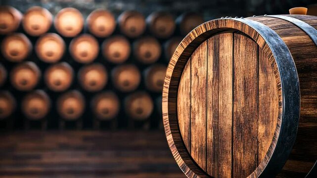 Wine Barrels in cellar: Close-up of a sturdy, aged wine barrel against a backdrop of stacked barrels in a dimly lit cellar, embodying the essence of tradition, craftsmanship.