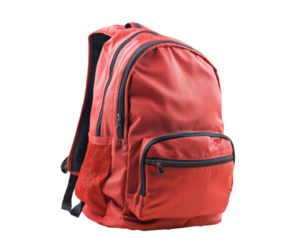 Red backpack designed for school and travel purposes, cut out transparent