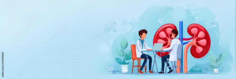 Poster virtual doctor consultation on kidney tests with a medical professional and patient discussing resul