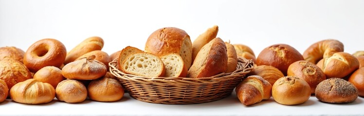 Panoramic image various fresh bread assortment on white background. Bakery goods, includes loafs, buns, rolls, pastries. Collection of bakery products on table, perfect for cafe menu food blog design.