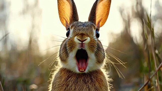 Astonished Hare in the Sunlight: An expressive hare with wide eyes and open mouth, capturing an extraordinary moment of surprise in the warm, radiant glow of sunlight.