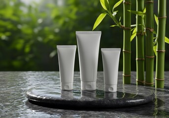 Blank Cosmetic Tubes on Stone Surface with Bamboo – Natural Skincare Packaging Mockup