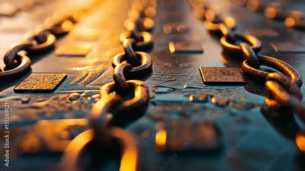 Poster rusty chains on metal surface: close-up view of rusty chains lying on a dark metallic surface, illum