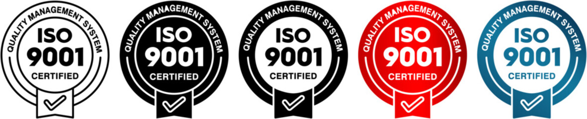 ISO 9001 Certified Quality Management Icons – Black and White Compliance Stamps for Business, Manufacturing, and Quality Assurance