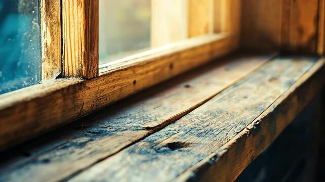 Rustic Window Sill's Timeless Appeal: Close-up of an aged wooden window sill bathed in natural light, showcasing its intricate details, evoking a sense of nostalgia and serenity.