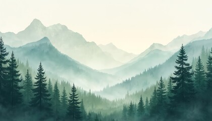 Obraz premium Watercolor illustration mountain landscape with fog. Coniferous pine trees grow on hills. Evergreen woods, natural scenery for background. Suitable for postcards, posters, design, eco-friendly,