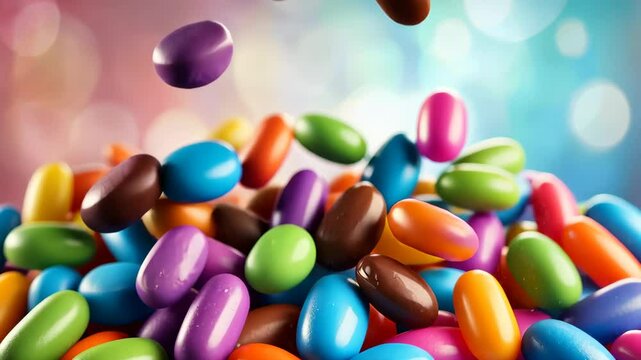 Candy Chaos: An exuberant display of colorful candies cascading downwards, creating a visual feast that sparks joy and delight. The scene is set in a world of sweetness and indulgence.