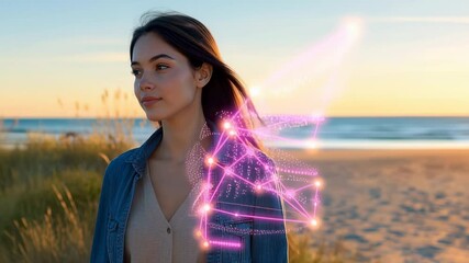 Young woman on beach with digital network overlay at sunset - Powered by Adobe