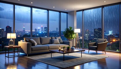 Rainy city view living room