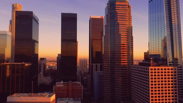 4K drone Video of downtown Los Angeles during sunset as a stablishing shot 4K