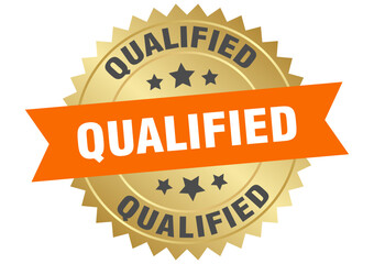 qualified. qualified round orange and gold label isolated on transparent background