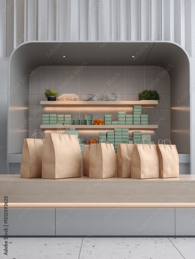 Poster grocery store pickup station with neatly arranged bags and clean top layout during day