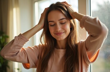 Young woman enjoying self head massage at home. Closed eyes, smiles, promoting hair growth, health, wellness, self care, beauty, skin treatment. Home spa, anti-stress therapy, blood circulation.