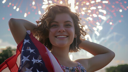 Cheerful young girl with American flag watching fireworks on the 4th of July.