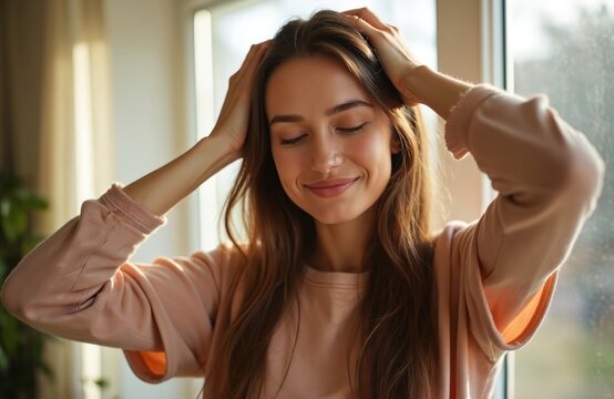 Young woman enjoying self head massage at home. Closed eyes, smiles, promoting hair growth, health, wellness, self care, beauty, skin treatment. Home spa, anti-stress therapy, blood circulation.
