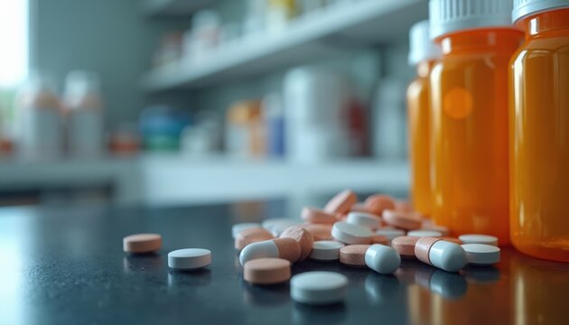 Prescription medication pills, orange pill bottles on pharmacy table. Medications requiring doctor prescription. Pharmacy drugs, health, treatment, medicine, healthcare, pharmaceutical concept.