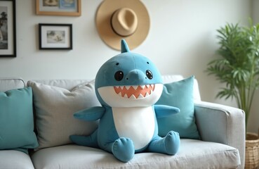 Funny plush toy sitting on sofa. Cute meme toy smiles. Home interior decoration, cozy domestic scene. Relaxing in living room with cushions. Concept - entertainment, happiness, fun.
