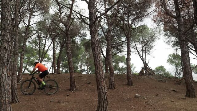 Mountain Biker Man Pedaling Hard and Training in Forest