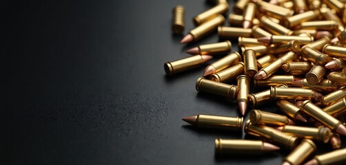 Many brass gun bullets on a dark table from above. Copper-colored cartridges scattered with space for text, perfect for military themed design. Ammunition or weapon concept.