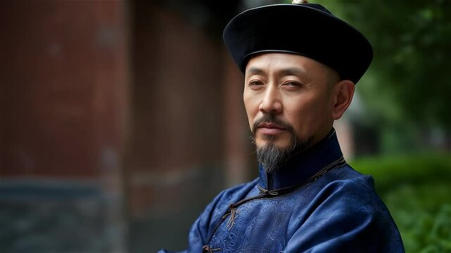 Masterful portrayal of traditional elegance and wisdom in historic setting amid serene nature