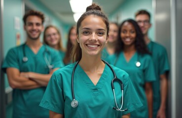 Group nursing students smiling in hospital hallway. Young diverse doctors team in green scrubs, stethoscope around necks, ready to learn practice. Teamwork, medicine, healthcare professionals.