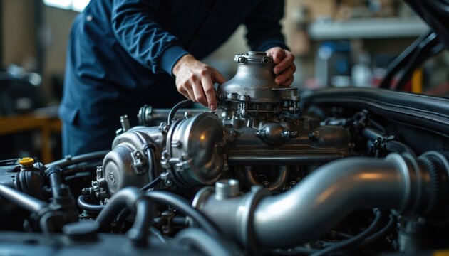 Mechanic installing turbocharger in high-performance car engine. Technician working with tools, precision parts, modern vehicle maintenance. Automotive repair, speed upgrade.