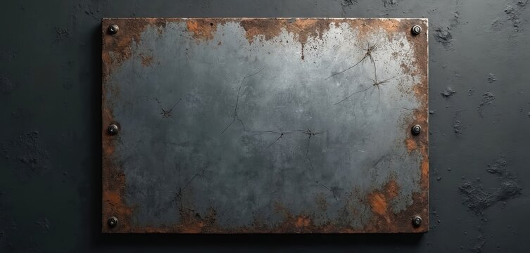 Textured metal plate with grunge scratches. Weathered surface with rust effect, dark tones, industrial abstract background. Aged steel plate with screws. Ideal for design, backgrounds, decoration,
