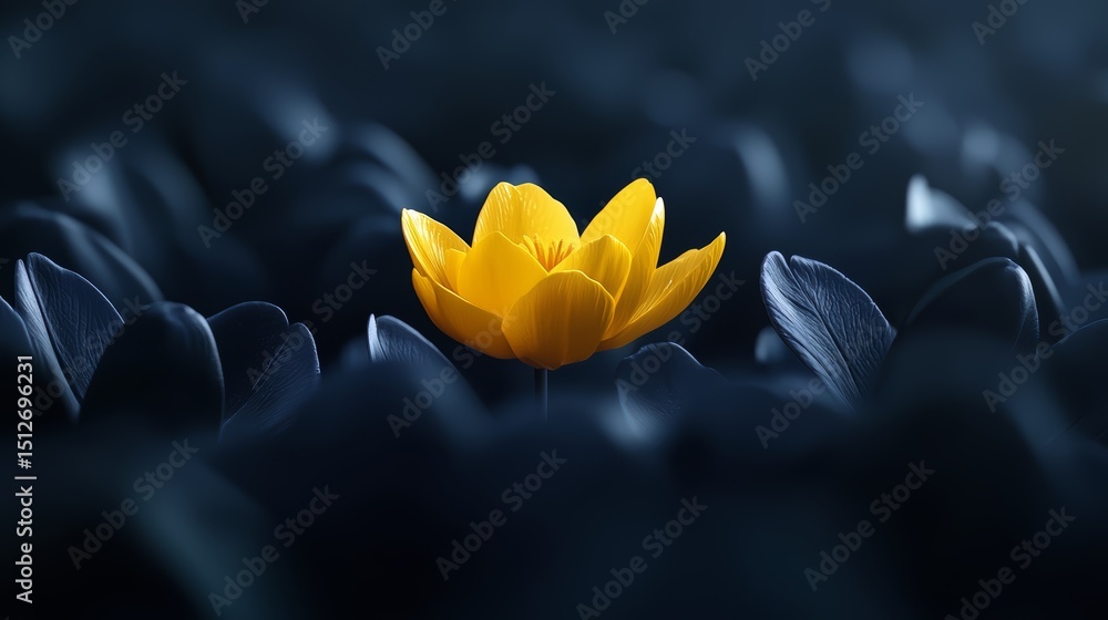 Poster yellow flower is the only thing in a field of black leaves. the flower is the only thing that stands