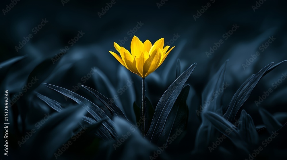 Poster yellow flower is the only thing visible in a dark background. the flower is the focal point of the i