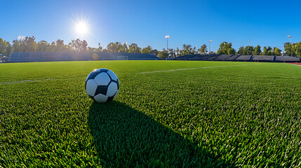 Wide-angle football field background with smooth grass, soccer ball, center line and a panoramic view of the stadium seats in the distance.