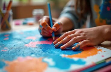 Naklejka premium Close-up student hands with a pencil on artwork. Class creates a colorful drawing with pencils and pastels scattered around. Student artwork, creativity, education, hobby.