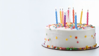 Frosted cake with colorful candles and sprinkles