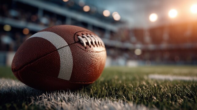 A close-up view of a football resting on the field, illuminated by stadium lights, conveying the excitement of the game.