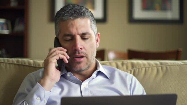 Business remote work, professional man on laptop and phone managing tasks at home showing digital career lifestyle online coordination and virtual communication - Powered by Adobe