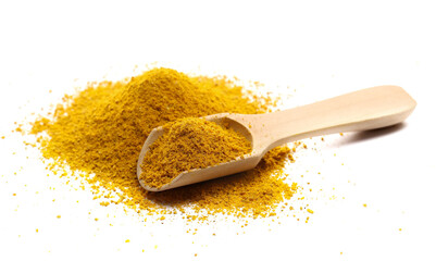  Curry ground pile in wooden spoon isolated on white background, side view