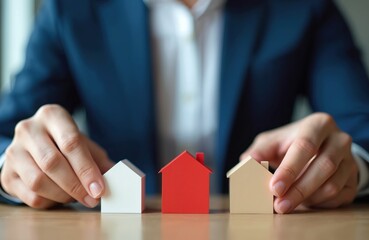 Hands arrange miniature houses on table. Real estate agent hands organizing property listings based on strategic priorities. Property investment, house market, business strategy, financial planning,