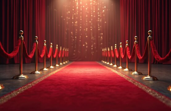 Red carpet path with stanchions, velvet ropes leads to grand stage. Spotlight brightens entrance. Premiere ceremony awards show. Luxury event. Celebration night. Film industry. Glamour, elegance.