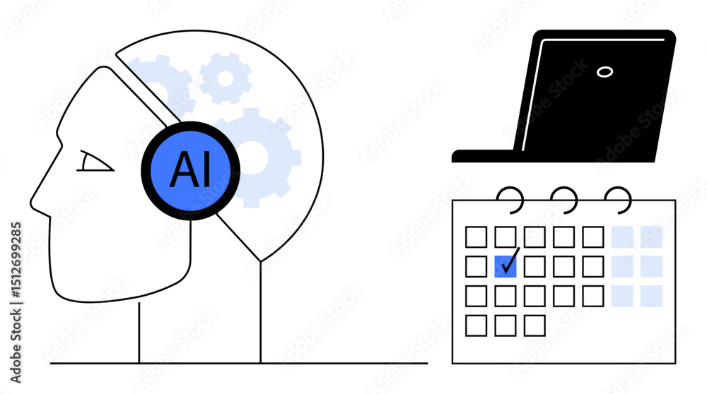 Poster abstract head with ai label, gears symbolize machine learning laptop and calendar highlight task sch
