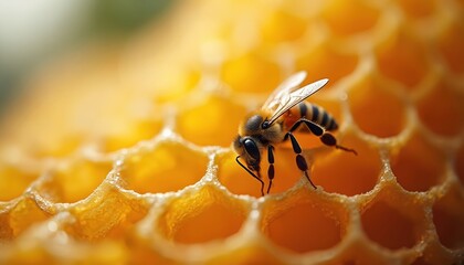 Close-up image of bee on honeycomb. The hexagonal structure of honeycomb, golden color and bee detail. Insect in apiary hive, concept of agriculture, honey production.