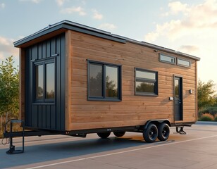 Mobile tiny house on wheels. Modern house, caravan, motor home for outdoor adventures. House trailer for travel, camping, freedom. Living, accommodation, residence, roof with solar panels.