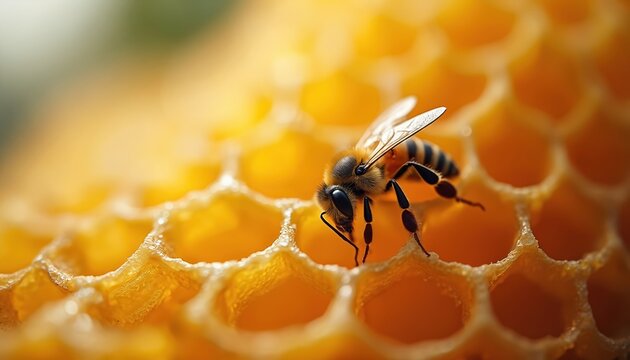 Close-up image of bee on honeycomb. The hexagonal structure of honeycomb, golden color and bee detail. Insect in apiary hive, concept of agriculture, honey production.