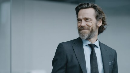 Smiling man in suit against blurred, modern background